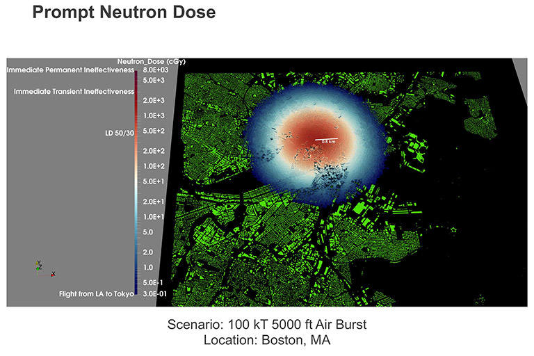 Computer generated image of prompt neutron dose on Boston, Massachusetts, from a theoretical 100 kT nuclear detonation at 5,000ft.
