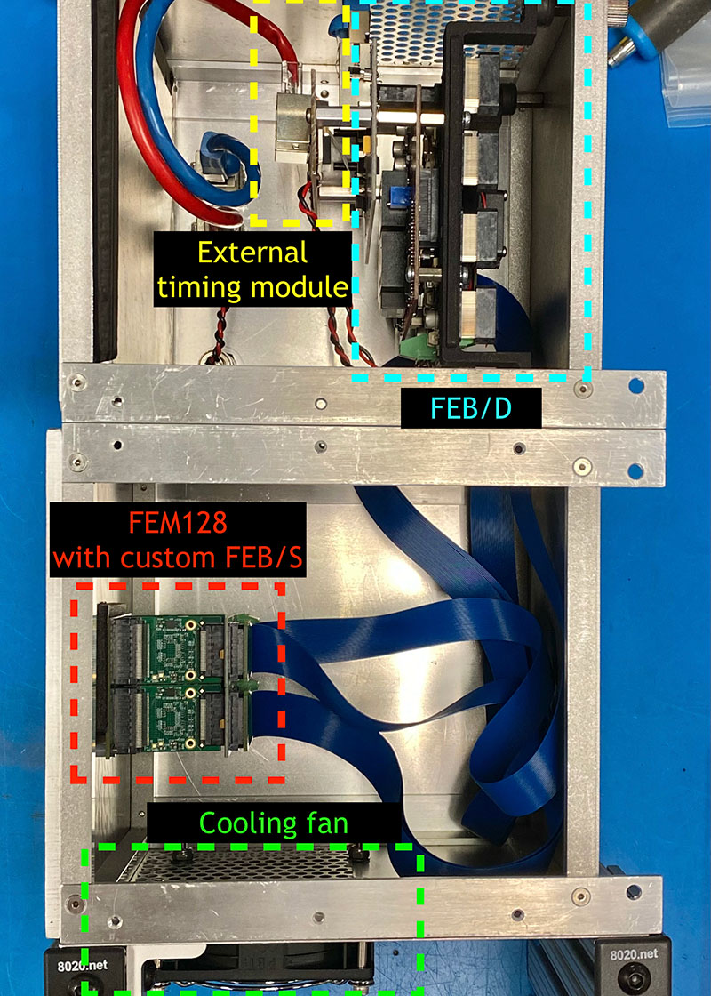 Side view of the neutron detector. The cooling fan is identified at the bottom of the photo. The external timing module is at the top. In the center of the photo are the FEB/D and the FEM128 with custom FEB/S.